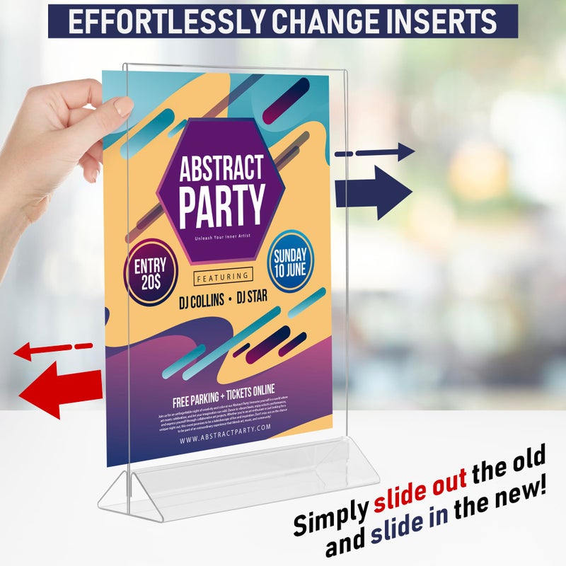 Dasher Products Acrylic Sign Holder 8.5 x 11, T-Shape Menu Holder with Bottom-Loading Design, Plastic Stands for Brochures, Flyers, Menus, and Displays. Double-Sided Display Stand for Tabletop Signs and More (6 Pack) - Image 5